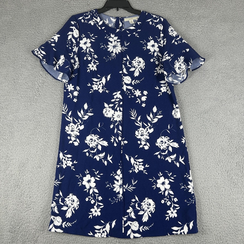 Lark & Ro Dress Womens Size 10 Blue White Floral Ruffle Sleeve Shift Knee Length